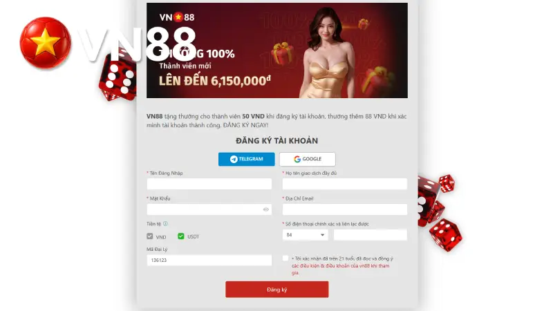 Biểu mẫu đăng ký vn88 dành cho thành viên mới